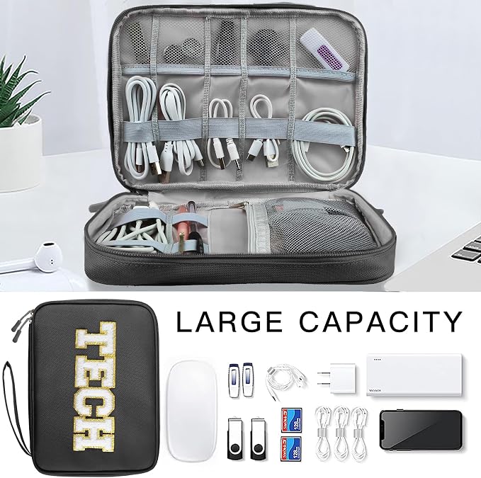 COSHAYSOO Electronics Bag Case Cable Cords Organizer Travel Essentials for Women College Teen Girls Vacation Dorm Accessories Preppy Personalized Gift (Large Black) - Image 4