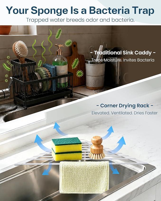 Ohuhu Corner Sink Strainer, Sponge Holder for Kitchen Sink Organizer - Silicone Wrapped Steel Anti Slip Rust Triangle Over the Sink Roll-UP Dish Drying Rack Caddy Kitchen Sink Accessories - Image 3
