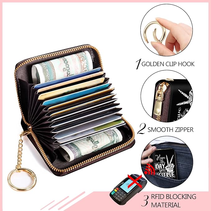 Blusabaca RFID Credit Card Holder Small Women Travel Wallet, Skull Sign | Removable Keychain, Case with Zipper, Vegan PU Leather, Cash Coin Pocket, Business Accordion Purse, Ladies Female Gift - Image 5