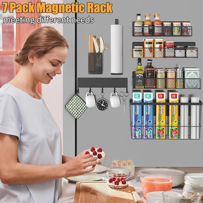 Magnetic Spice Rack for Refrigerator, 7 Pack Metal Magnetic Shelf, Moveable Magnetic Storage Fridge Organizer, Spice Organizer, Hook Rack, Paper Towel Holder, Utensils Holder, Cutting Board Holder - Image 6