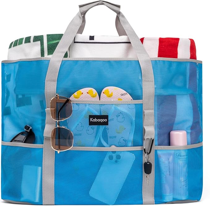 KABAQOO Mesh Beach Bag, Extra Large Beach Bags with 9 Pockets & Zipper Waterproof Lightweight Beach Tote for Beach/Pool Trip by KABAQOO