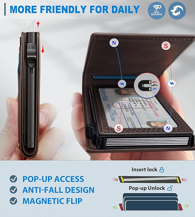 Wallet for Men, Slim Pop Up Card Holder with RFID Blocking, Minimalist Bifold Wallet with 9 Card Slots, ID Window and Cash Pocket, Metal Flip Case with Magnetic Closure, Gift Box - Image 3