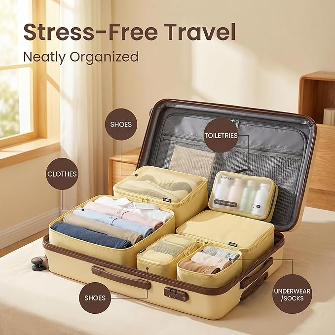 6 Set Compression Packing Cubes for 7–14 Day Travel, Bright Yellow | Nylon Oxford Fabric, Full Breathable Mesh, Reinforced Double-Zipper, Small to Large Size Bag, Expandable Packing System - Image 4