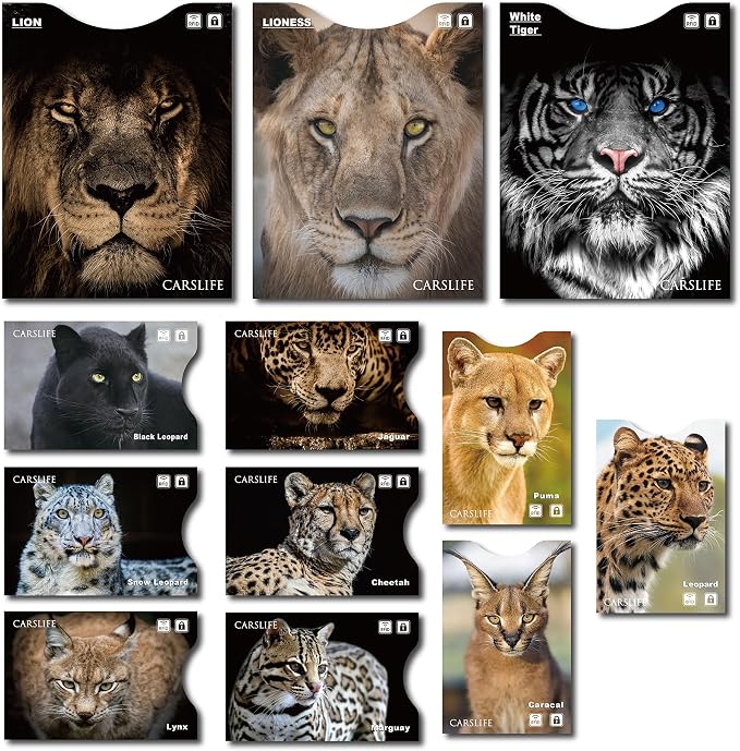CARSLIFE 12 RFID Blocking Sleeves (9 Credit Card & 3 Passport Protectors) Premium Identity Theft Protection Secure Sleeves Travel Case Cat Design by CARSLIFE