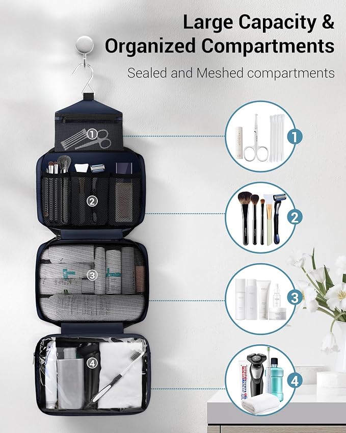 Maliton Toiletry Bag for Men & Women Travel Toiletry Bag Hanging Toiletry Bag Hygiene Organizer with 4 Compartments Waterproof Bathroom Shower Bag Large Toiletries Travel Bag(Black (Navy Blue) - Image 2