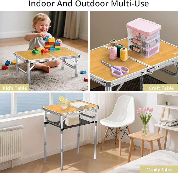 Anbte 2ft Camping Folding Table, 3 Adjustable Heights High 27.5", 24" x 16" | Aluminum Small Folding Table with Storage Net, Portable, For Outdoor Indoor Picnic Beach BBQ RV Travel Camp, Light Oak Grain - Image 4