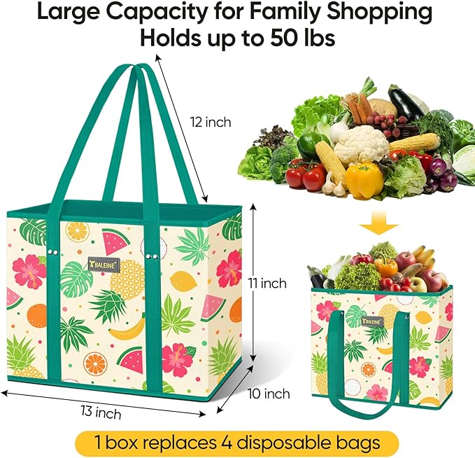 BALEINE 3PK Reusable Grocery Bags, Heavy Duty Shopping Tote Bag | 12'' Long Handles, Reinforced Bottom Keeps Upright, Fold Flat Storage, Water-Resistant Shopping Bag, Multiple Color Options - Image 4