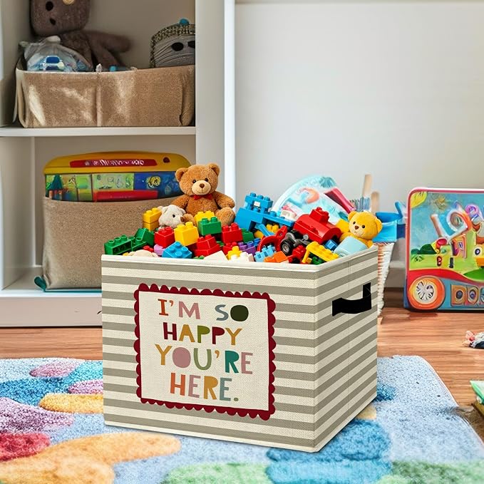 Rustic Boho Classroom Storage Bins Boxes with Handles | books clothes, i'm so happy you are here grey striped nursery foldable basket for organizing bedroom toddler room playroom - Image 2