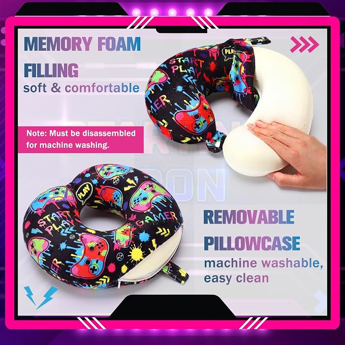 Gilprop 4 Pcs Game Travel Pillow with Sleep Eye Mask, U Shaped Memory Foam Headrest & Neck Pillow with Washable Cover, Soft Neck Head Support Travel Accessories for Airplane Car Train Bus Trips - Image 6