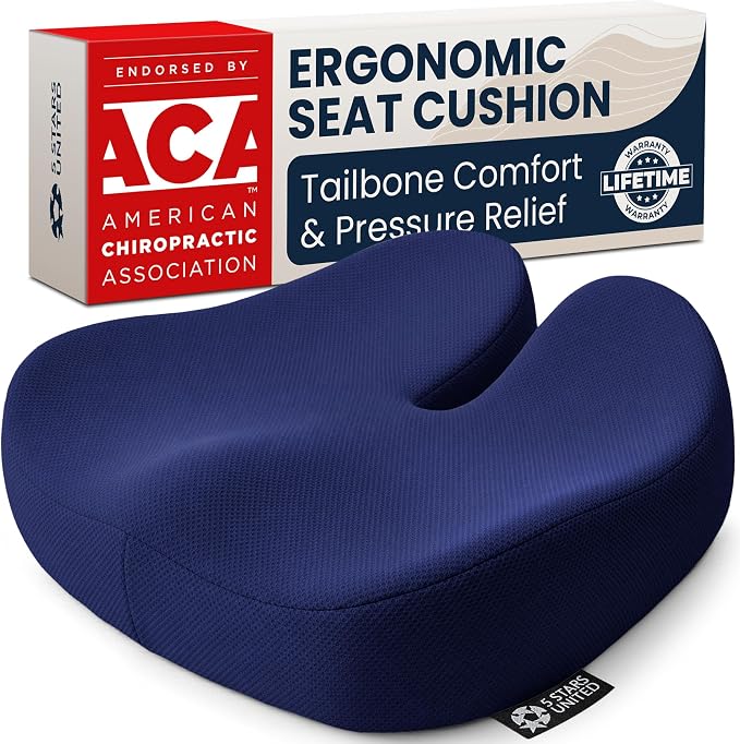 5 STARS UNITED Seat Cushion - Memory Foam Chair Cushion for Tailbone Pain Relief - Ergonomic Support for Coccyx, Sciatica & Butt - Office, Desk & Gaming Chair, Car Seat, Wheelchair, Blue Mesh by 5STARSUNITED