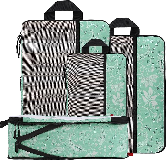 U+U 4 Set Compression Packing Cubes, Travel Organizers (Green Paisley) | Space-Saving & Lightweight Travel by UU