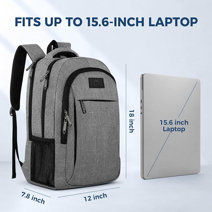 MATEIN Travel Laptop Backpack, 15.6 Inch College School Computer Bag, Grey | Slim Sturdy Business Daypack, Anti Theft Bookbag, Water Resistant, Gift for Men & Women, Personal Item Bag, Mochilas - Image 3