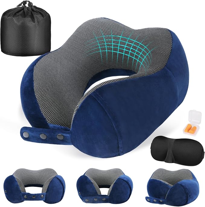 Cirorld Neck Pillow for Traveling, Travel Pillows for Airplanes,100% Pure Memory Foam Travel Neck Pillow, Adjustable Flight Pillow, Portable Plane Accessories with Eye Mask, Earplugs, Carry Bag by CIRORLD