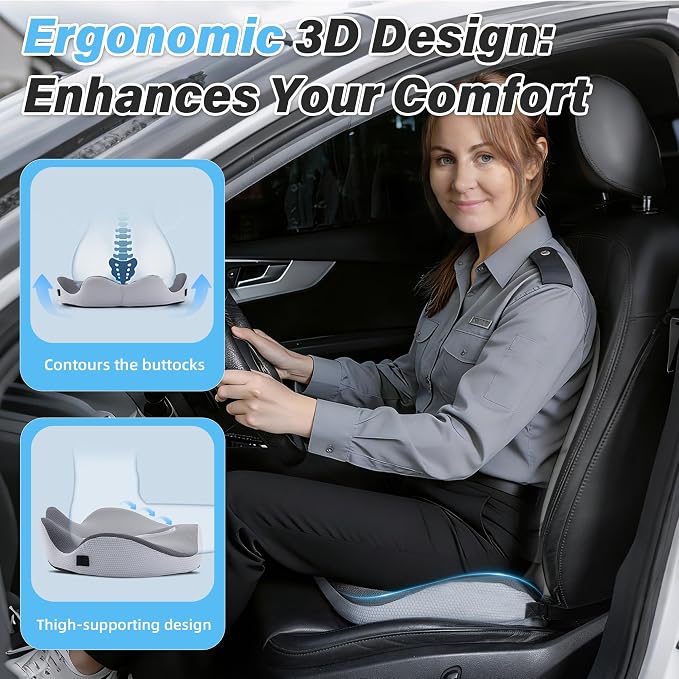VUSIGN X-Large Seat Cushion for Truck & Car Drivers, Memory Foam Seat Cushion for Long Driving, Sciatica & Tailbone Pain Relief, Ergonomic Back Support Cushion with Non-Slip Bottom & Washable Cover - Image 3