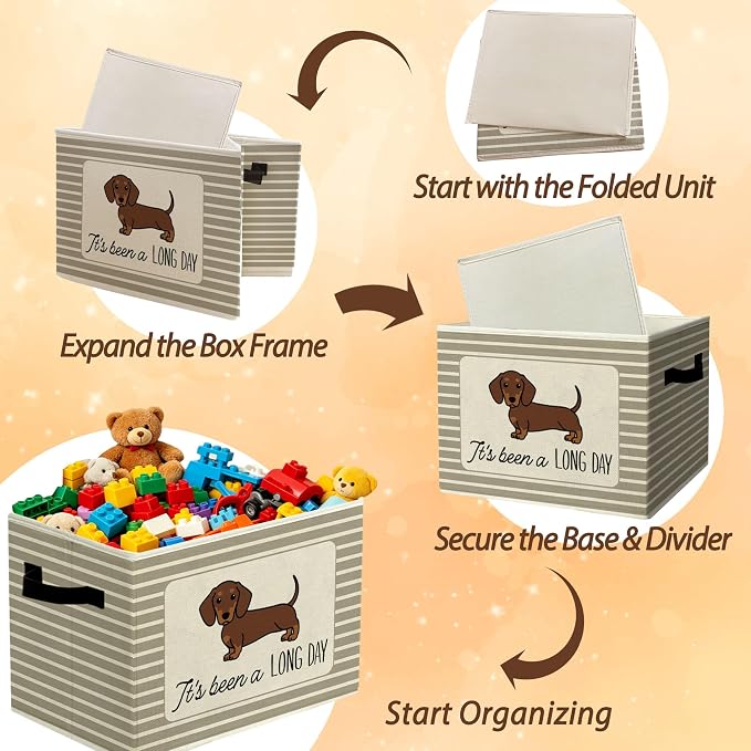 Rustic Dachshund Storage Bins Boxes with Handles | toys books clothes, it's been a long day grey striped nursery foldable basket for organizing bedroom toddler room playroom - Image 6