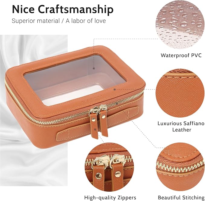 Aveniee Clear Makeup Bag, Travel Toiletry Case for Women, Cosmetic Pouch with Zippers, Car Storage Organizer for Essentials,Brown,Medium Classic - Image 3