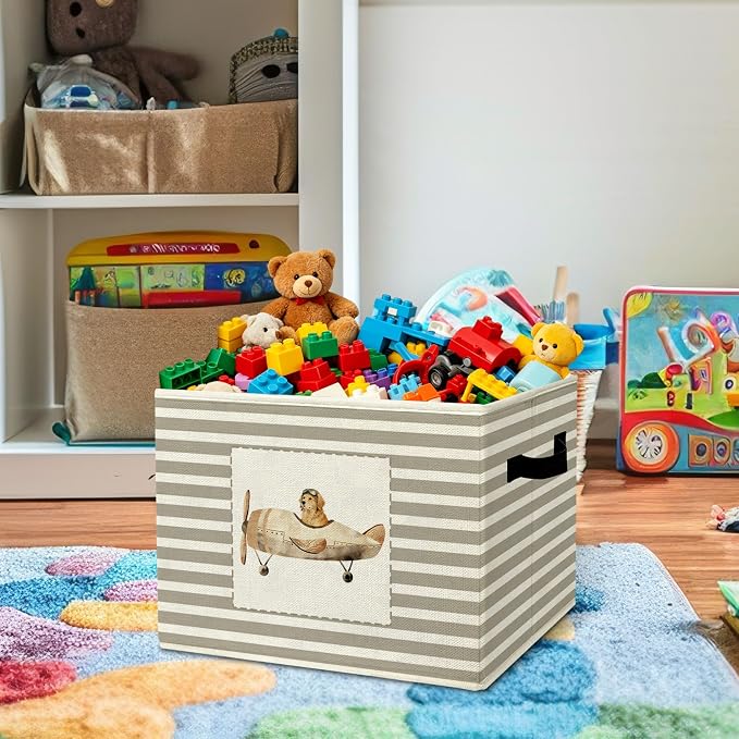 Rustic Golden Retriever Airplane Storage Bins Boxes Handles | grey striped nursery foldable basket for organizing bedroom toddler playroom - Image 2