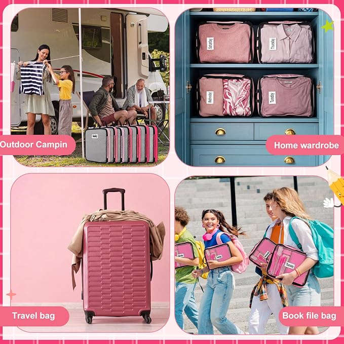 7 Pcs Packing Cubes for Travel Days of Week,Pink,Large - Image 6