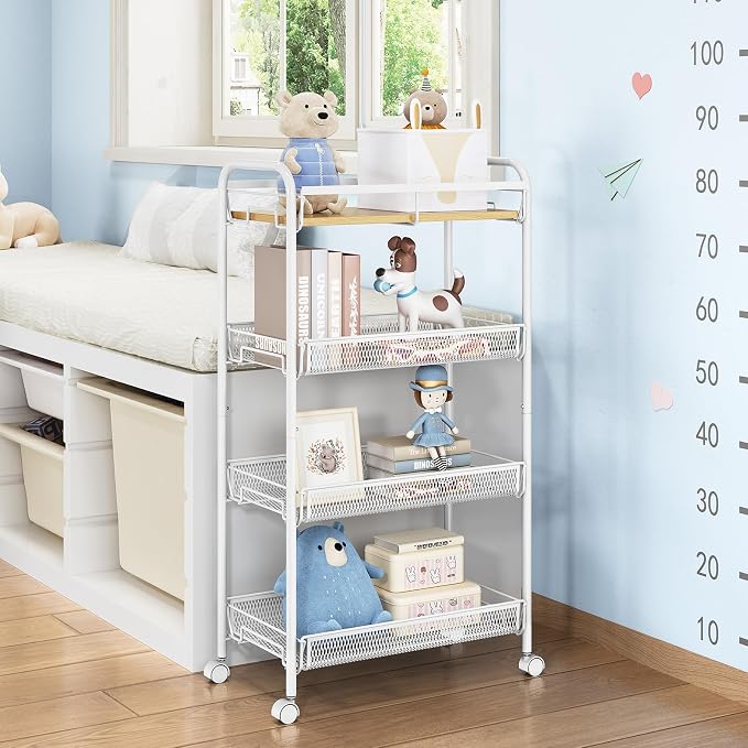 TOOLF 4-Tier Rolling Cart, Metal Utility Cart, Slide Out Storage Cart with Wooden Tabletop and Mesh Baskets, Easy Assemble Trolley for Kitchen Bathroom Laundry Room Bedroom Apartments Dormitory - Image 7