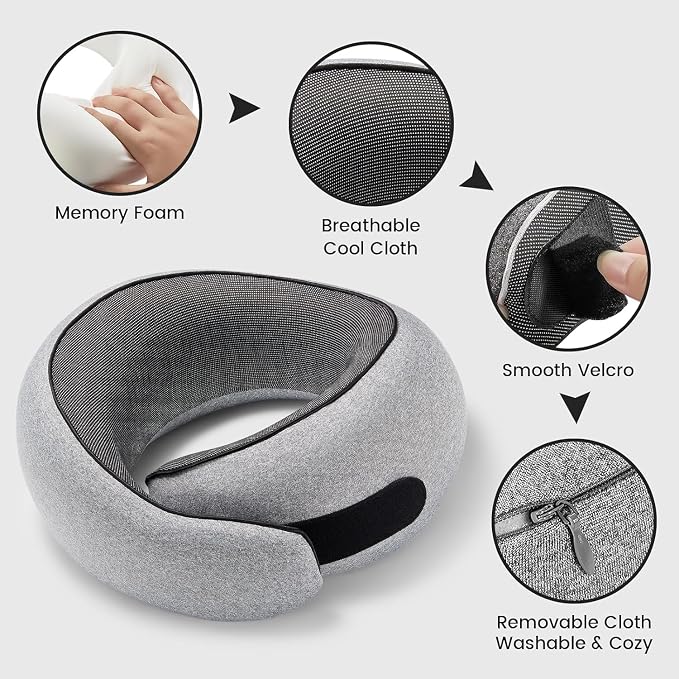 Portable Travel Neck Pillows, 100% Memory Foam Filling, Travel Pillows for Airplanes, Compact and Ergonomic Design, Best for Sleeping Plane Train Travel Essentials (Light Grey) - Image 3