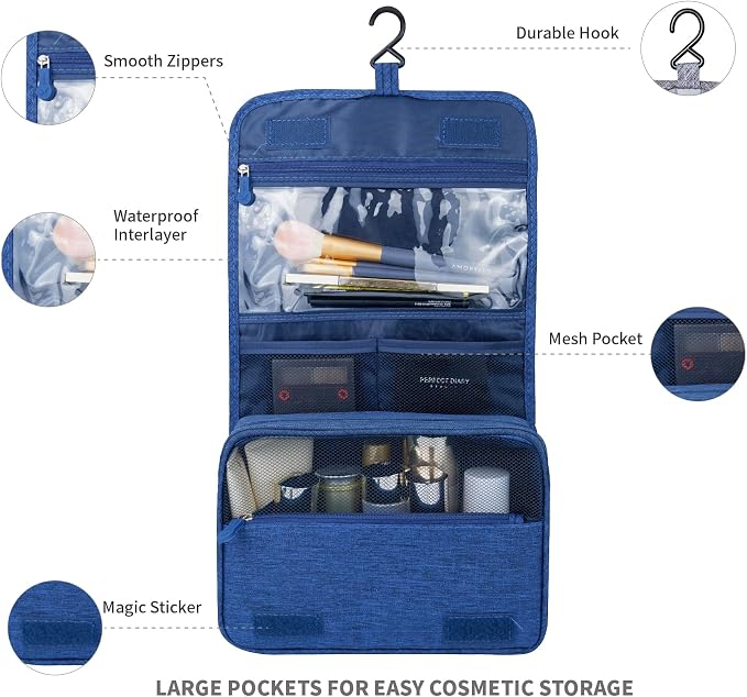 Lcsmaokin Large Capacity Toiletry Bag Travel Bag with Hanging Hook for Men and Women Waterproof Travel Cosmetic Bag Bathroom Storage Bag for Brushes Set, Full-Sized Shampoo, Toiletries, (Navy Blue) - Image 2