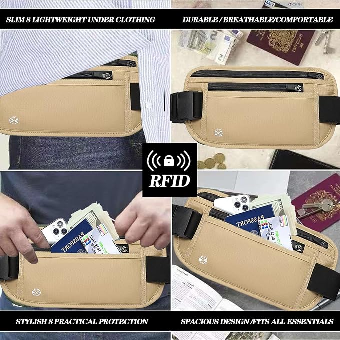 Khaki Hidden Money Belt for Travel for Men, Waist Wallet Anti Theft, RFID Passport Holder For Travel Men Or Women, Money Pouch, RFID Passport Holder - Image 6