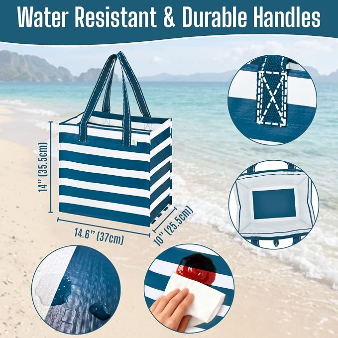 VENO 4 Pack Large Grocery Bag Reusable Shopping Bags with Hard Bottom | Utility Tote w/ Reinforced Handles, Heavy Duty, Foldable, Stand Upright, for Groceries Shopping Cart(Classic Navy Stripe) - Image 2
