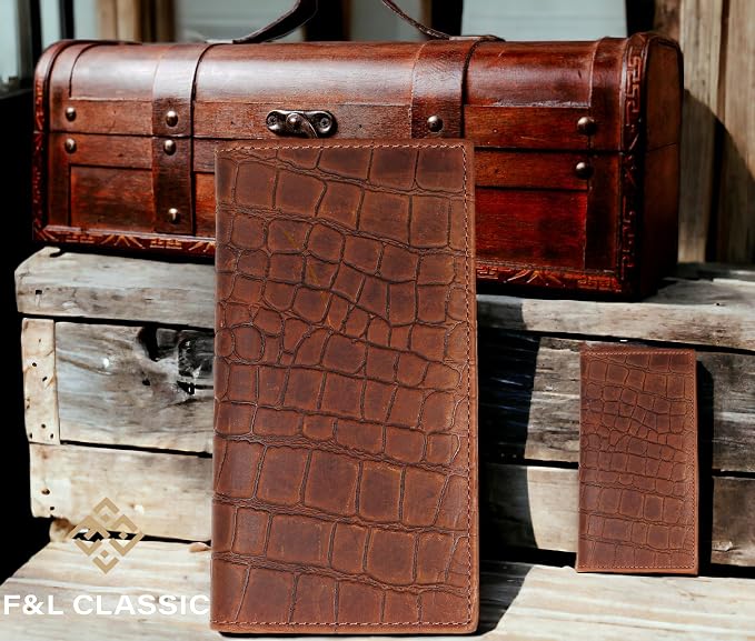 F&L CLASSIC Men's RFID Vintage Look Genuine Leather Long Bifold Wallet Checkbook Wallets,Crocodile style brown,240-70 - Image 6