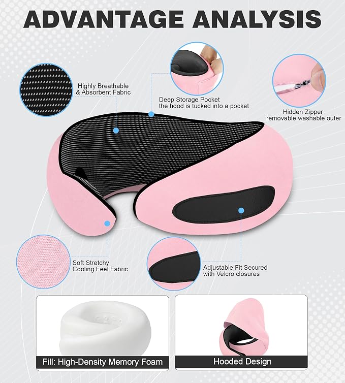 Travel Neck Pillow, Newly Upgraded Hooded Neck Pillow,100% Pure Memory Foam Travel Pillow for Flight Headrest Sleep,Portable Aircraft Accessory,Suitable for use in Plane/Car/Office(Pink) - Image 3