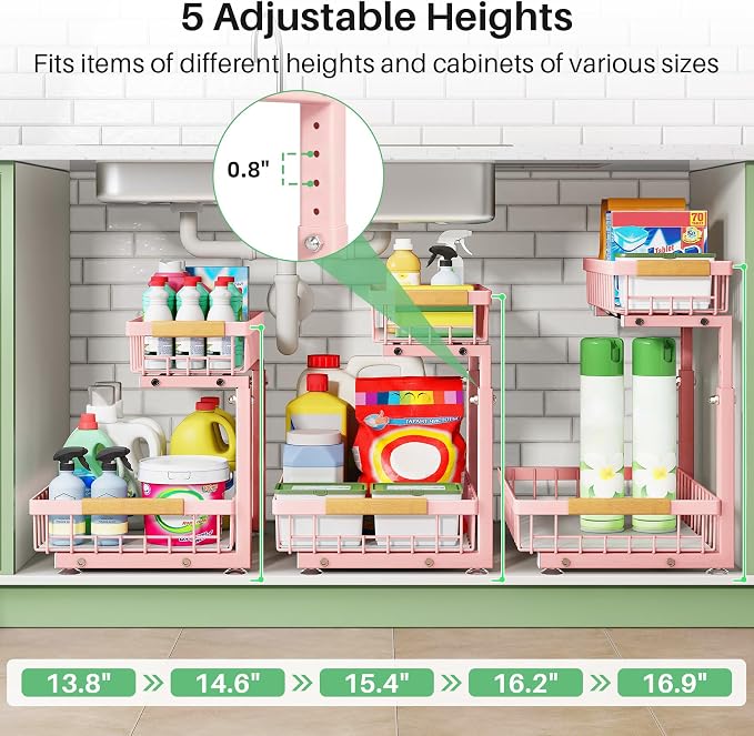 Kitstorack Under Sink Organizer, 2 Tier Under the Sink Storage, Slide out Pull out Cabinet Organizer Shelf, Metal Sliding Drawer for Kitchen Bathroom Pantry Closet Organization Rack, Pink, 2 Pack - Image 4