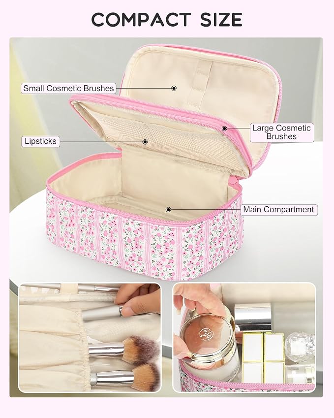 Relavel Cute Makeup Bag for Girls, Portable Pink Cosmetic Bag | Dual-layer Makeup Pouch with Brush Holder, Multi-Functional Preppy Toiletry Organizer for Travel, Daily Use - Pink Flower - Image 4