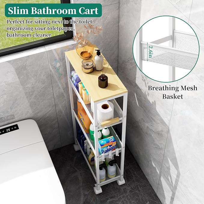 4-Tier Slim Utility Rolling Laundry Cart with Wheels, Easy to Assemble | 7.2" Wide for Narrow Spaces, Wood Top with Metal Frame, Mobile Storage Shelves for Bathroom, Kitchen, Office - Image 2