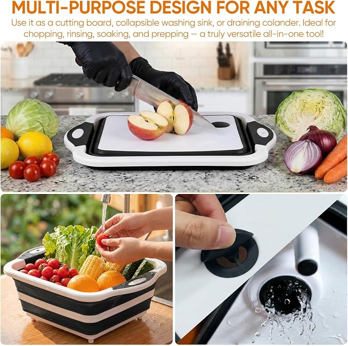 Collapsible BBQ Prep Tub with Lid, Foldable Camping Sink with Colander, Cutting Board, Dish Basin for Kitchen, Bowl, Vegetable and Fruit, Storage Basket for Picnic-Black - Image 8