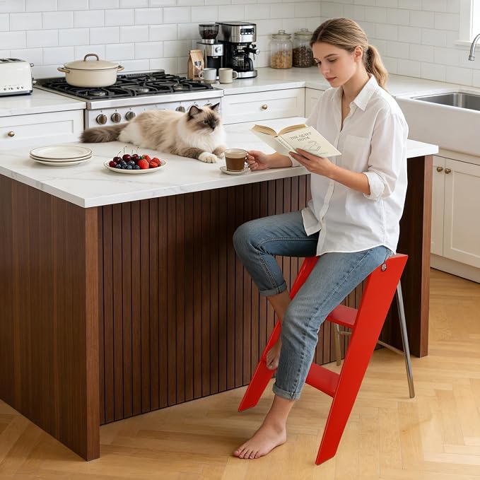 HOTEAGLE Modern Folding Chair - Multifunctional Design Doubles as Step Stool & Storage Shelf, Sturdy Engineering Plastic for Kitchen, Dining & Bistro,Red - Image 2