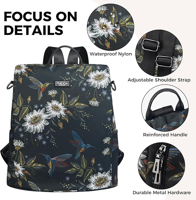 Convertible Backpack Purse for Women Nylon Anti-Theft Backpack | Hidden Back Zipper Opening, Light Compact Travel Size, Waterproof Nylon, Daypack for College Work, Hummingbird Back pack - Image 5