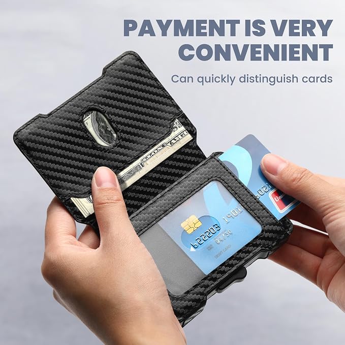 Wallet for Men, RFID Blocking Slim Mens Wallet with Money Clip | Minimalist Pop Up Card Case, ID Window, 9-11 Cards, Bifold Leather Front Pocket Wallet with Gift Box (Black-Carbon Fiber) - Image 2