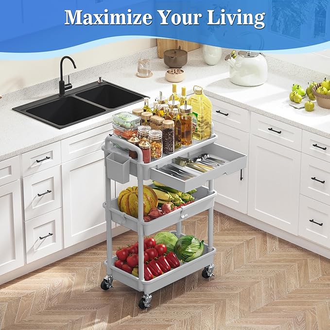 SUNALLY 3 Tier Rolling Cart with Drawer, Craft Storage Cart Organizer, Gray | Bathroom Storage Organizer with 2 Lockable Wheels, Rolling Utility Cart for Kitchen, Office, Baby, Makeup, Nail,Snack,Laundry - Image 5