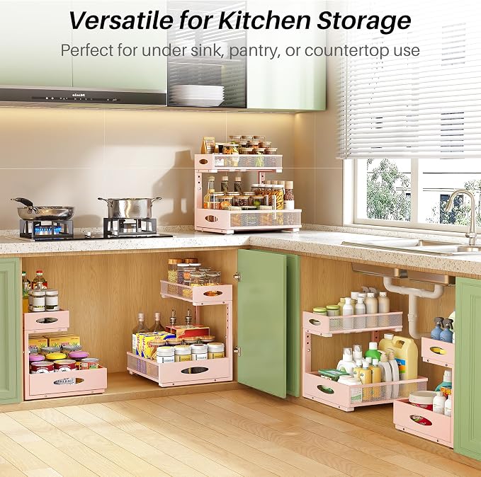 Under Sink Organizer, 2-Pack Pull Out Cabinet Organizer 2 Tier Metal Slide Out Storage Shelf Rack, L-Shaped Adjustable Height,Mesh Sliding Drawer for Kitchen, Bathroom, Laundry, Pantry, Pink, XL - Image 9