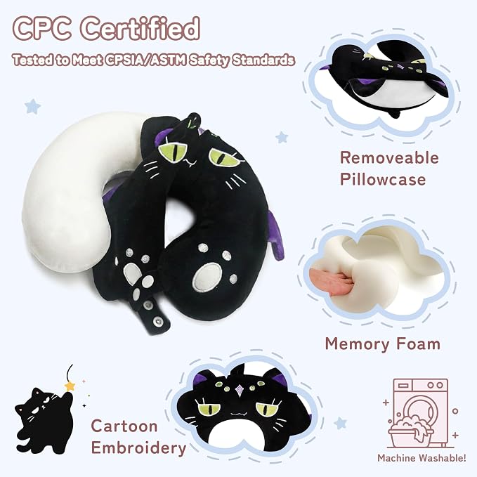 Kids Travel Neck Pillow for Ages 3-8, Memory Foam, Removable Cover, Cat | Machine washable, 13 in neck size, hidden zipper, 360-degree head and chin support, car seat and airplane use - Image 3