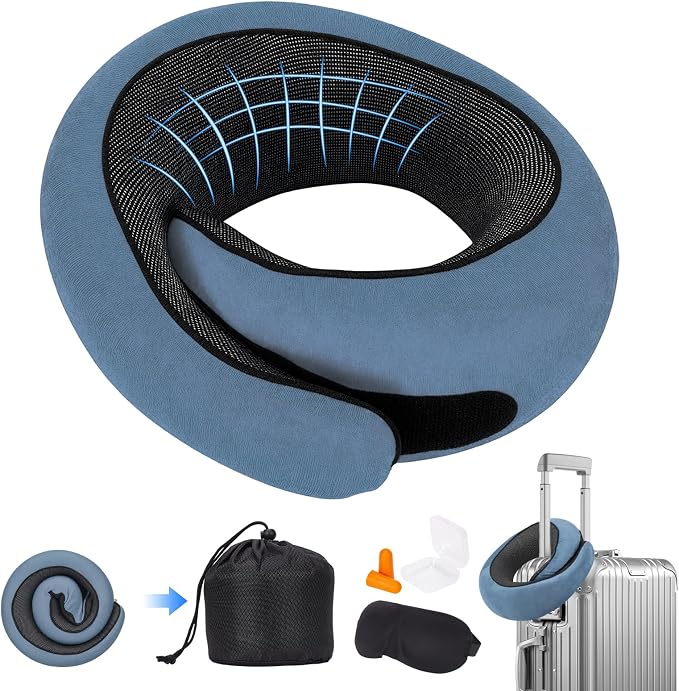 Memory Foam Neck Pillow,2026 World Cup Travel Pillow,Neck Pillow Airplane with Eye Mask & Ear Plugs,Memory Foam 360 Degree Support Stowable Pillows for Airplanes Offices and Cars (Blue) by Unknown