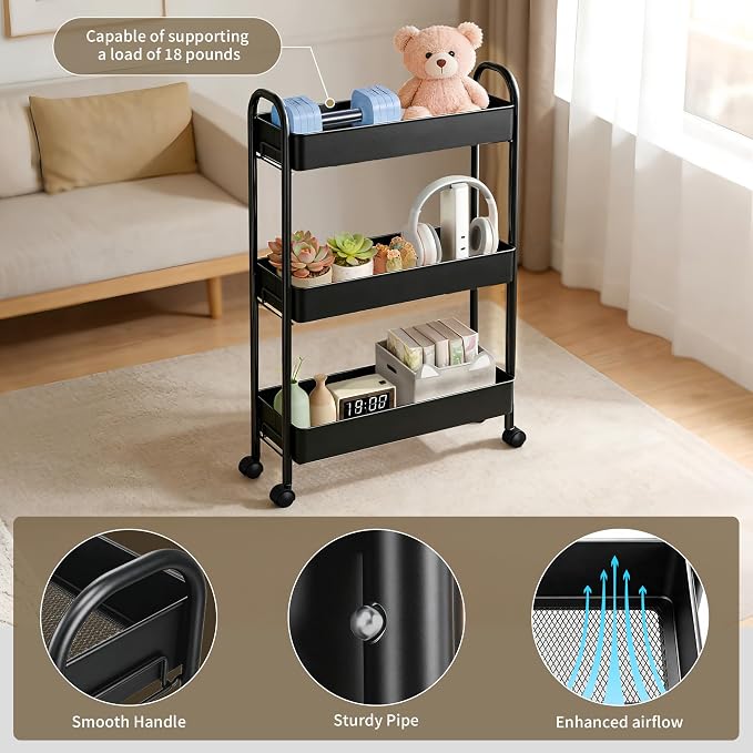 Slim Rolling Cart, Metal Frame Utility Rolling 3-Tier Narrow Storage Cart | Kitchen Storage Organizer, Mobile Shelving Unit for Bathroom Kitchen - Image 7