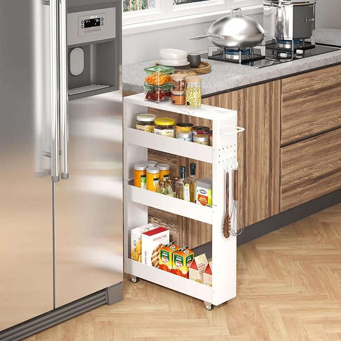 CHLORYARD Slim Storage Cart, 4-Tier Kitchen Rolling Cart Narrow Storage Cabinet with Handle & Wheels, Metal Rolling Shelf Unit for Kitchen Bathroom Laundry Small Places(5 in Width/White) - Image 2