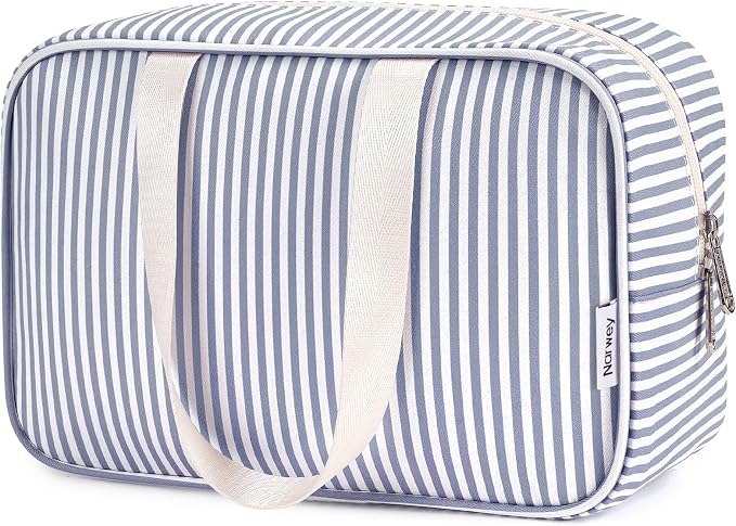 Full Size Toiletry Bag Women Large Cosmetic Bag Travel Makeup Bag Organizer Medicine Bag for Toiletries Essentials Accessories (Greyish Blue Stripe, Large) by Narwey