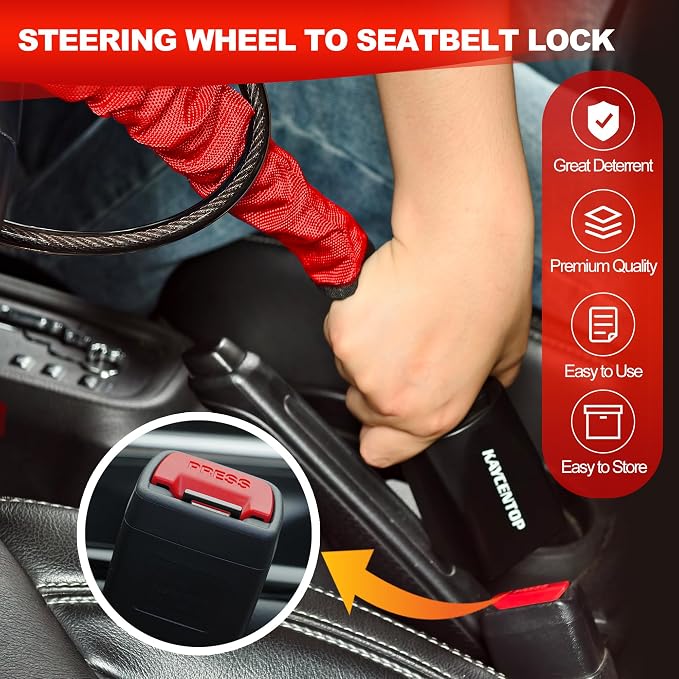 KAYCENTOP Car Steering Wheel Lock, Seat Belt Lock, Anti-Theft Device, Max 17 Inch Length, Small and Light-Weight, Multi-Functional, Fit Most Vehicle, SUV, Golf Cart Security (Red) - Image 7