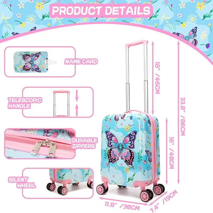 Kid's Luggage Set 5 Piece Suitcase Set 16" Hardside Luggage with Spinner Wheels Blue Butterfly Girls Carry on Toddler Travel Rolling Suitcase with Neck Pillow Airline Approved - Image 2