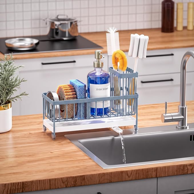 Cisily Sponge Holder for Kitchen Sink, Sink Caddy Organizer with High Brush Holder, Kitchen Countertop Organizers and Storage Essentials, Rustproof 304 Stainless Steel (Gray Blue, 9.25″) - Image 7