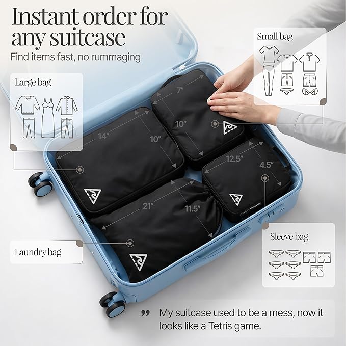 8 pcs Compression Packing Bags Cubes Set with HybridMax Double-Capacity Design - Packing Cubes for Travel Compression to Maximize Limited Luggage Space, Black - Image 3