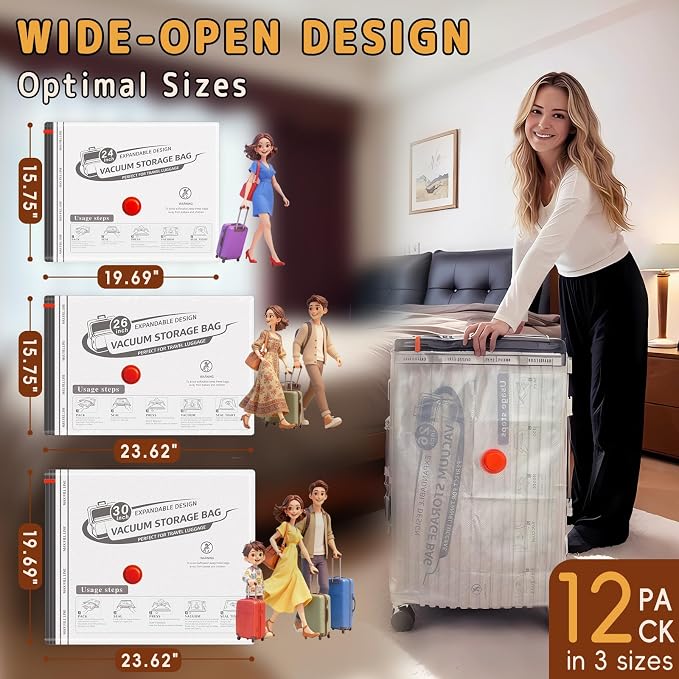 Travel Vacuum Bags with Wireless Rechargeable Pump, Vacuum Seal Bags for Clothing, Compression Space Saver for Luggage & Suitcase, 12 Combo Travel Size - Image 4