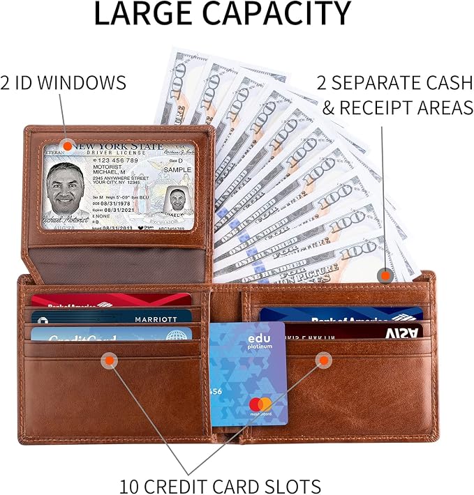 Sigtrenx Leather Wallets for Men, Genuine Leather Mens Wallets Bifold Rfid Blocking with 2 ID Windows - Image 3