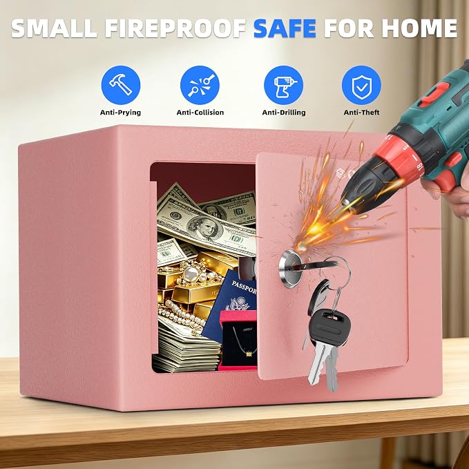 CDC DIGI Steel Security Safe Box with Key Lock,Safe Box for Home, Office, Money, Jewelry, Documents and Valuables, 0.23 Cubic Feet, 9.06" W x 6.69" D x 6.69" H, Pink - Image 6